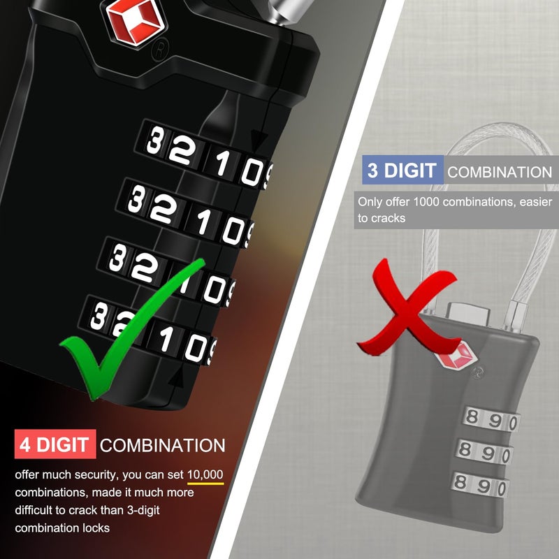 Diyife TSA Luggage Locks, 2 Packs, 4-Digit Combination Lock Security Padlock Travel Lock, with 14cm Flexible Cable for Suitcase Luggage Backpack School or Gym Cabinet, etc. (Black) - Image 4